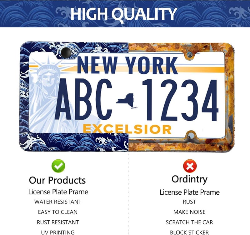 LIN KANG Ocean Waves License Plate Frame - 2 Pack Blue and White Sea Wave Aluminum License Plate Holder Covers, Car Decorative Tag Frames for Standard US Canada 12x6 Inch with Screw Caps - Image 5